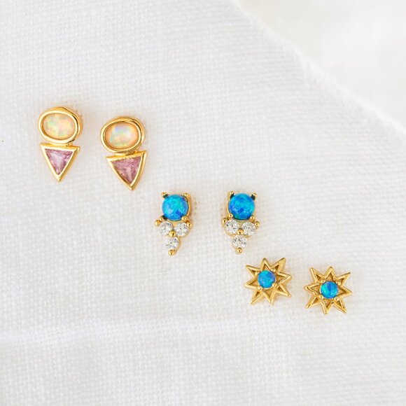 Tiny Stud Earrings Opal and Pink CZ Triangle Opal & Crystal Dainty Studs PRETTY - Picture 9 of 12